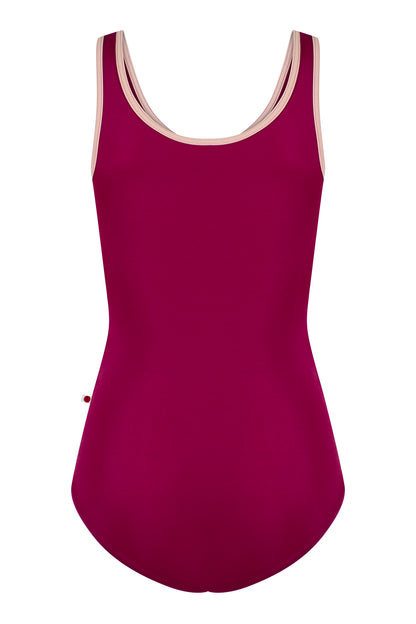 Cora leotard in T-Maroon body color with T-Petal trim & zipper color