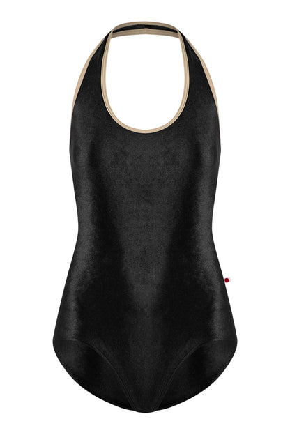 Jaione leotard in V-Black body color with T-Mosaic trim color