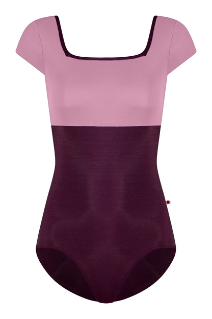 Marieke duo leotard in N-Opera body & trim color with N-Confetti top color and short sleeves