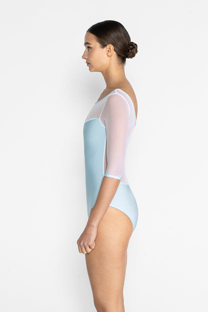 Meagan leotard in N-Mirror body & trim color with Mesh White top color