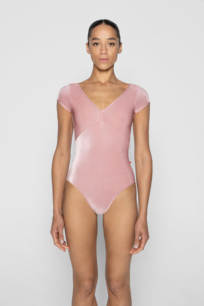Alicia leotard in V-Dreamy body & top color with N-Antique Rose trim color and V-Dreamy cap sleeves