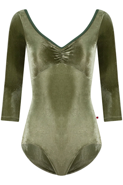 Anna Duo Pinch leotard in V-Safari body & top color with T-Jungle trim color and V-Safari 3Q sleeves