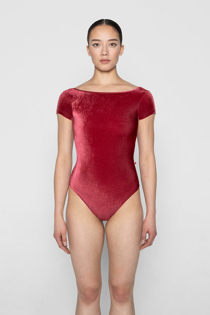 Sofiane leotard in V-Cerise body & trim color with V-Cerise short sleeves