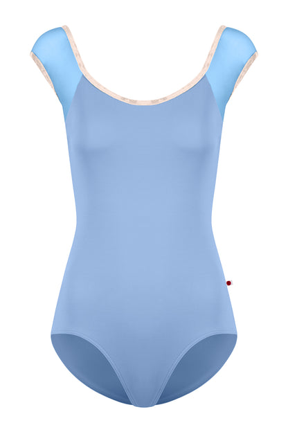 Kids Wendy leotard in T-Paradise body color with Mesh Glacier top color and CV-Misty Rose trim color
