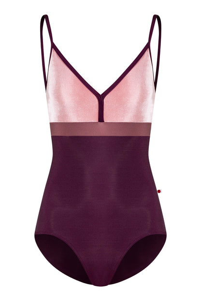 Zoe leotard in N-Opera body & trim color with V-Dreamy top color and N-Phoenix middle band color