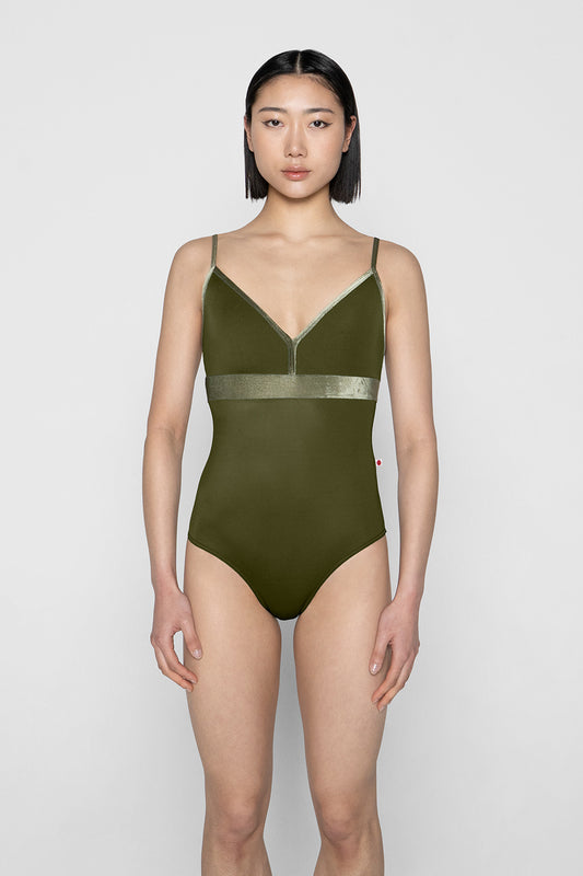 Zoe leotard in T-Jungle body & top color with V-Safari trim & middle band color