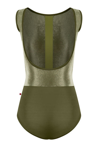 Didi leotard in T-Jungle body & trim color with V-Safari top color and T-Eden middle band