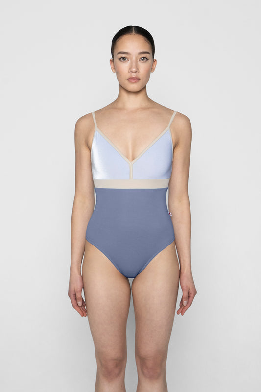 Zoe leotard in T-Paradise body color with V-Serenade top color and T-Ivory trim & middle band color