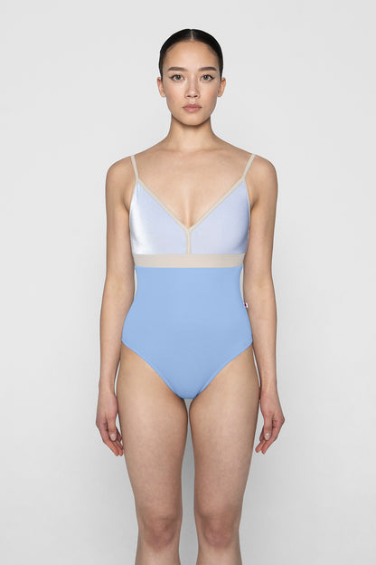 Zoe leotard in T-Paradise body color with V-Serenade top color and T-Ivory trim & middle band color