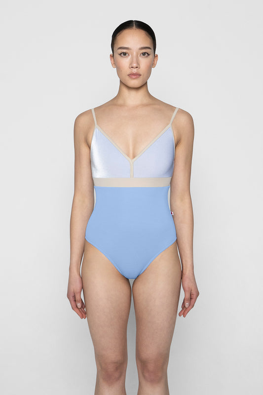 Zoe leotard in T-Paradise body color with V-Serenade top color and T-Ivory trim & middle band color