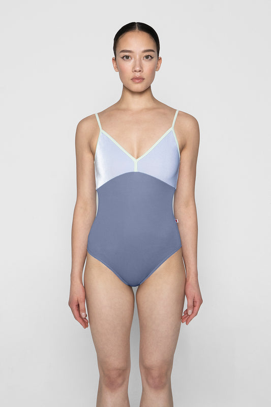 Daria leotard in T-Paradise body color with V-Serenade top color and T-Pistachio trim color
