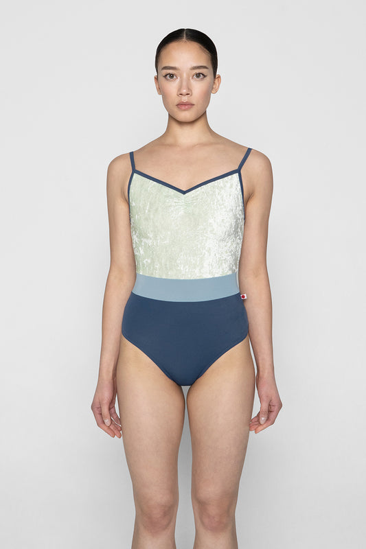 Micah leotard in T-Storm body & trim color with CV-Pistachio top color and T-Fog middle band color