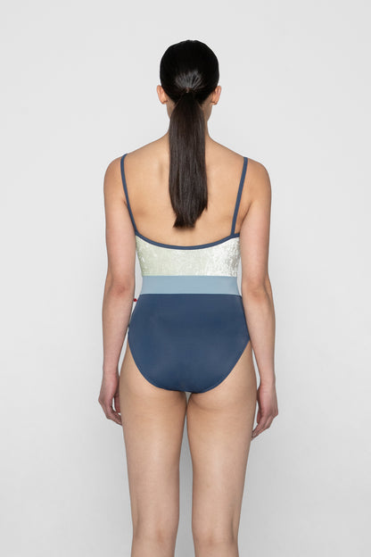 Micah leotard in T-Storm body & trim color with CV-Pistachio top color and T-Fog middle band color