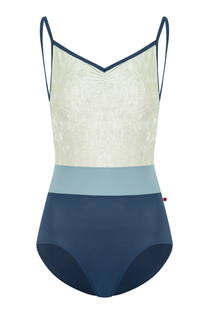 Micah leotard in T-Storm body & trim color with CV-Pistachio top color and T-Fog middle band color