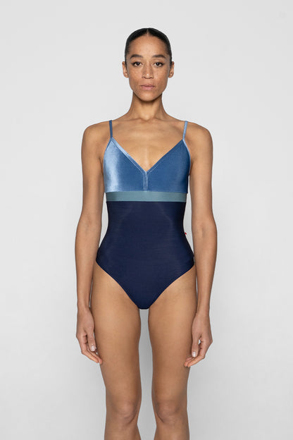 Zoe leotard in N-Dark Blue body color with V-Ocean top & trim color and N-Frost middle band color