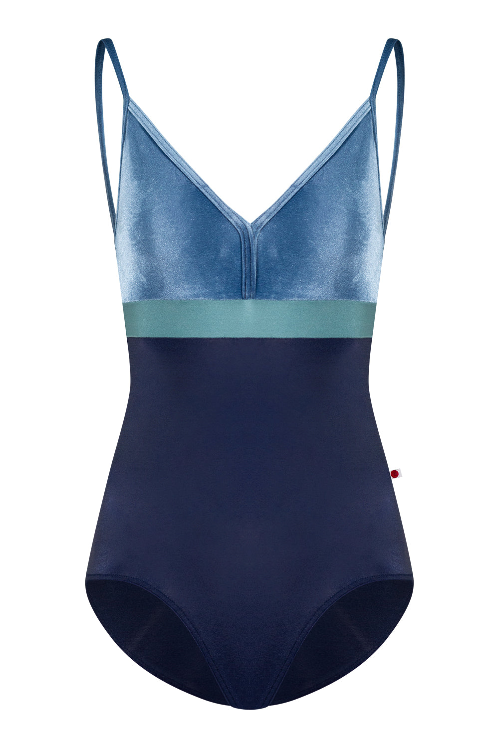 Zoe leotard in N-Dark Blue body color with V-Ocean top & trim color and N-Frost middle band color