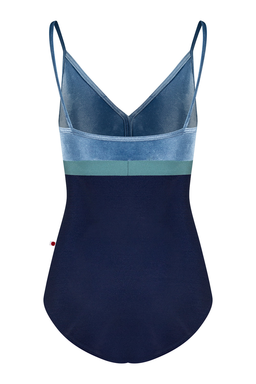 Zoe leotard in N-Dark Blue body color with V-Ocean top & trim color and N-Frost middle band color