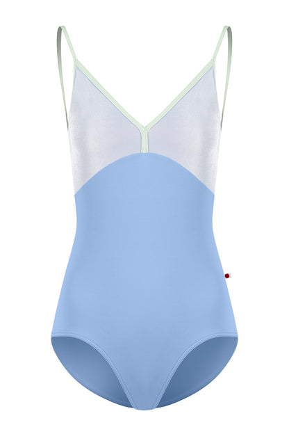 Daria leotard in T-Paradise body color with V-Serenade top color and T-Pistachio trim color