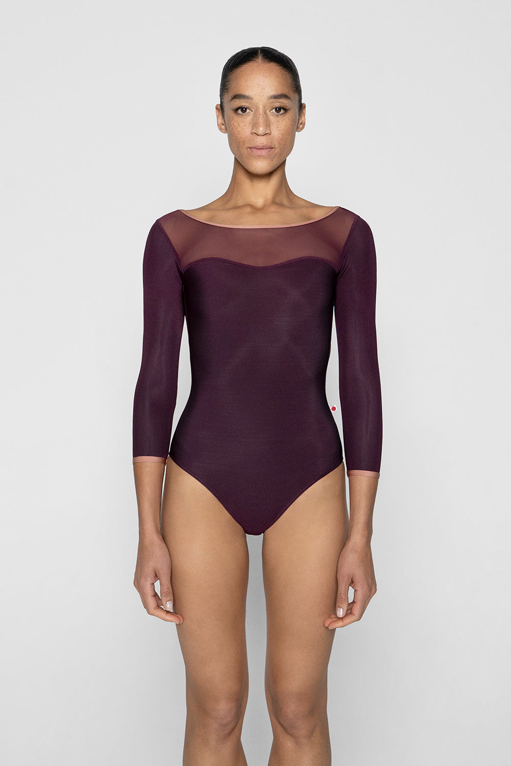 Jane 3q sleeves leotard in N-Opera body color with Mesh Opera top color and N-Rosewood trim color