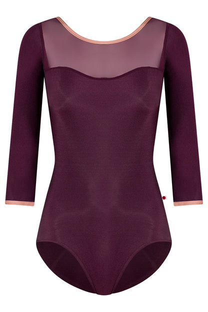 Jane 3q sleeves leotard in N-Opera body color with Mesh Opera top color and N-Rosewood trim color