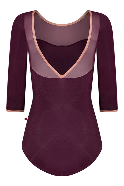 Jane 3q sleeves leotard in N-Opera body color with Mesh Opera top color and N-Rosewood trim color