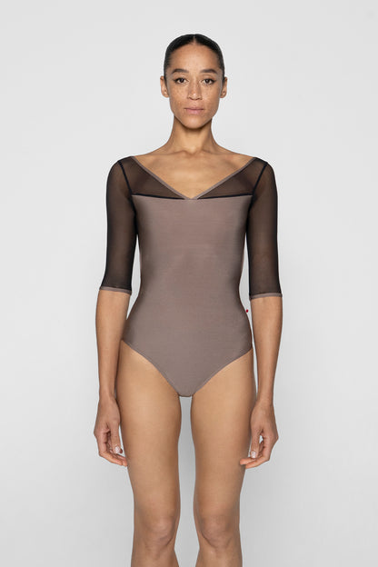 Masha leotard in N-Star body color with Mesh Black top color & Half sleeves and N-Star trim color
