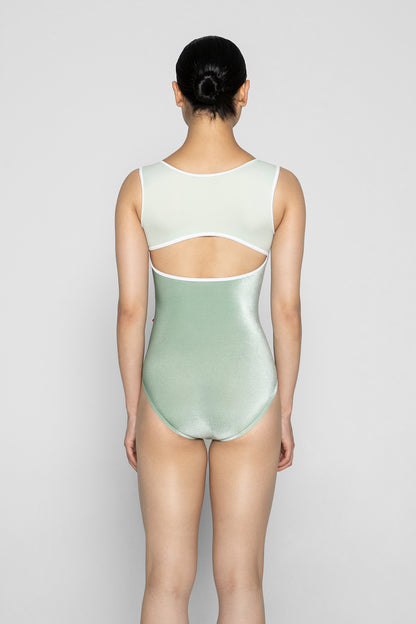 Becky leotard in V-Meadow body color with T-Pistachio top color and T-White trim color