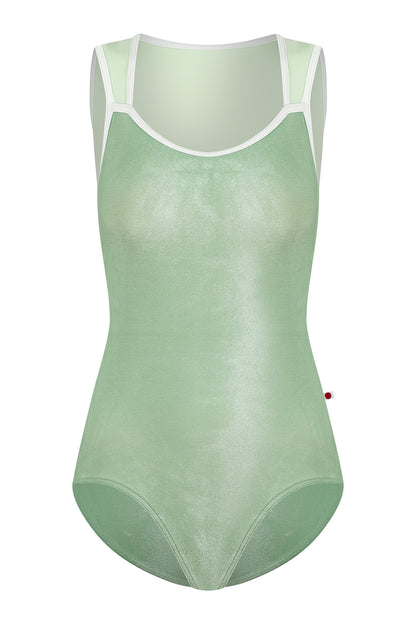 Becky leotard in V-Meadow body color with T-Pistachio top color and T-White trim color