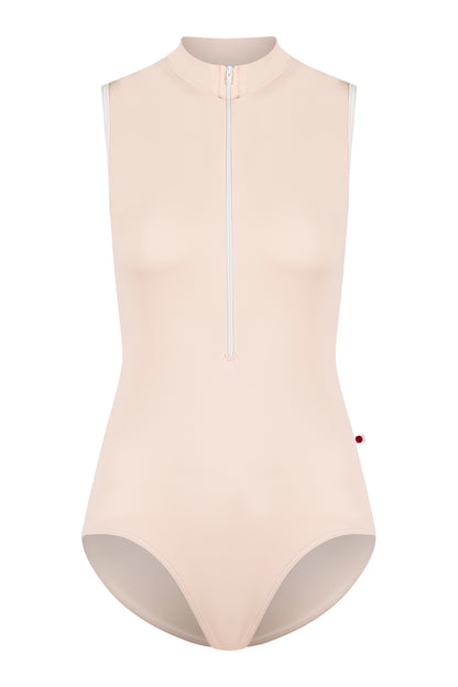 Jessica leotard in T-Misty Rose body color with T-White trim and zipper color