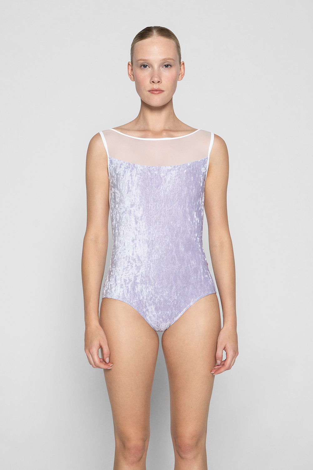 Meagan leotard in CV-Angelic body color with Mesh White op color and T-White trim color