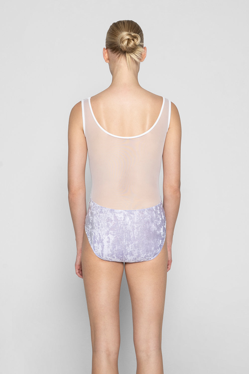 Meagan leotard in CV-Angelic body color with Mesh White op color and T-White trim color