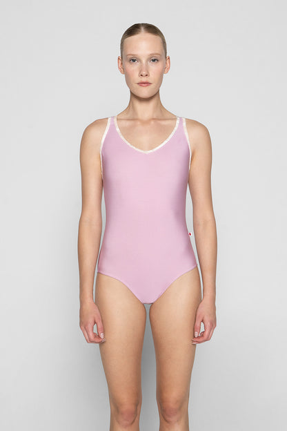 Sonoya leotard in N-Confetti body color with CV-Misty Rose trim color