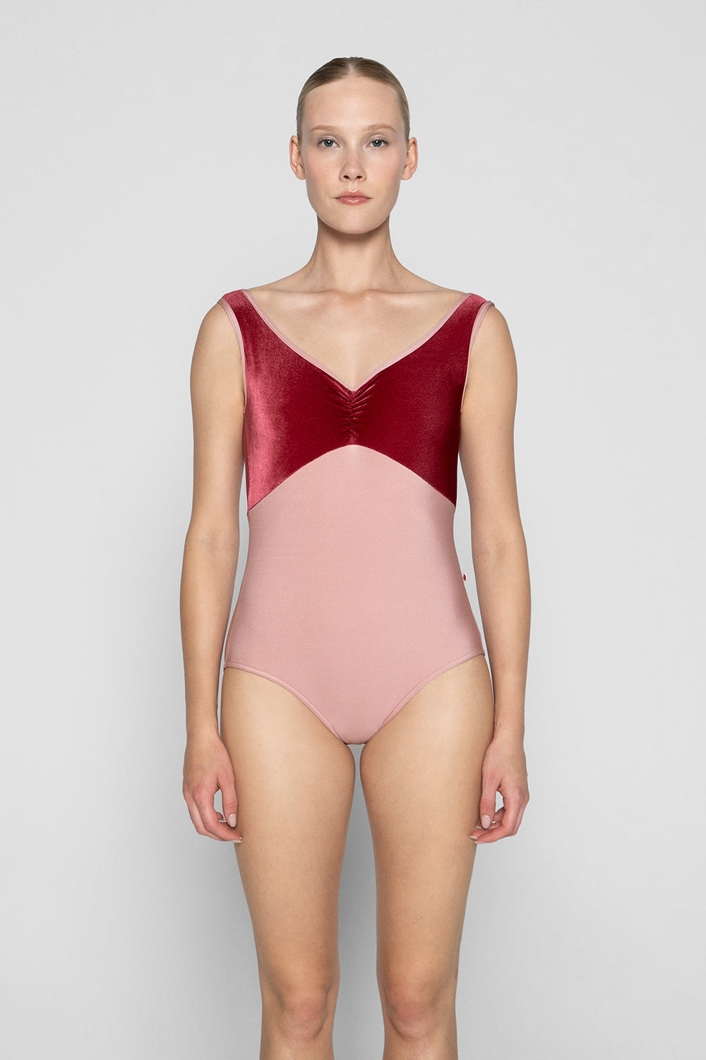 Anna Duo Pinch leotard in N-Antique Rose body color with V-Cerise top color and N-Antique Rose trim color