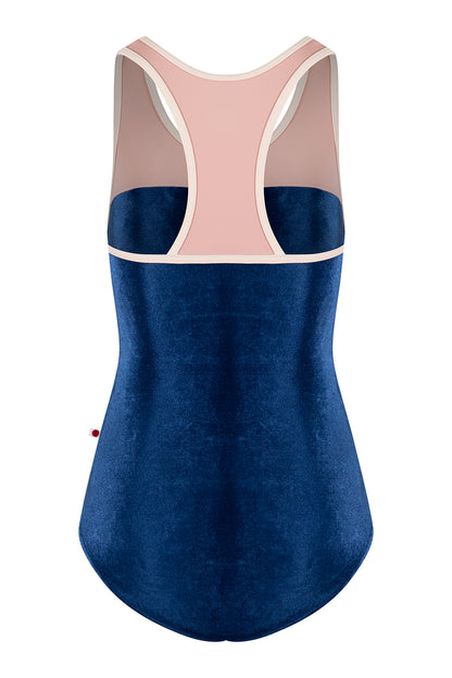 Erica leotard in V-Pisces body color with T-Petal top color and T-Misty Rose trim color
