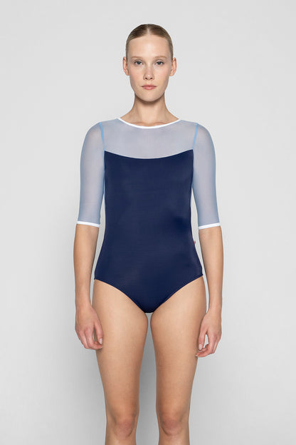 Olivia leotard in T-Cosmo body color with Mesh Glacier top color & half sleeves and T-White trim color