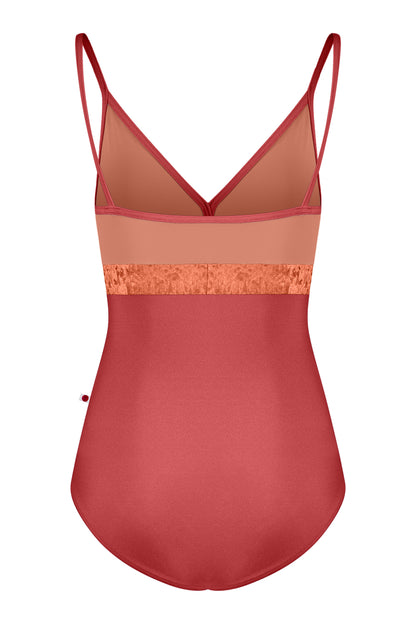 Zoe leotard in N-Fox body & trim color with N-Rosewood top color and CV-Amaretto middle band color