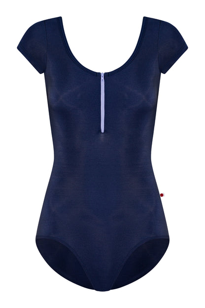 Cora leotard in N-Dark Blue body color with N-Dark Blue trim color and N-Poem zipper color