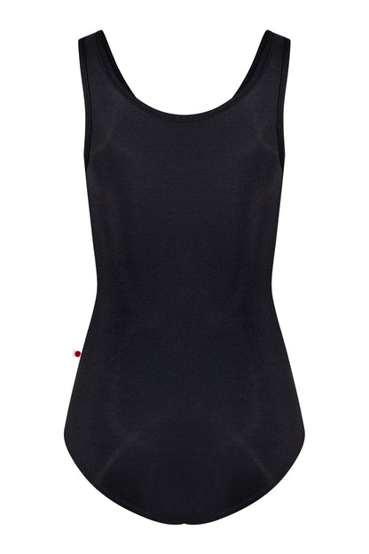 Cora leotard in N-Black body color with N-Black trim color and V-Orbit zipper and side stripe color