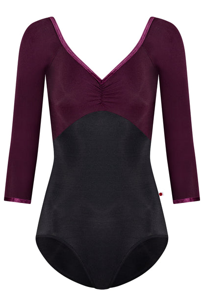 Elli leotard in N-Black body color with N-Opera top color & 3Q sleeves and V-Roxy trim color