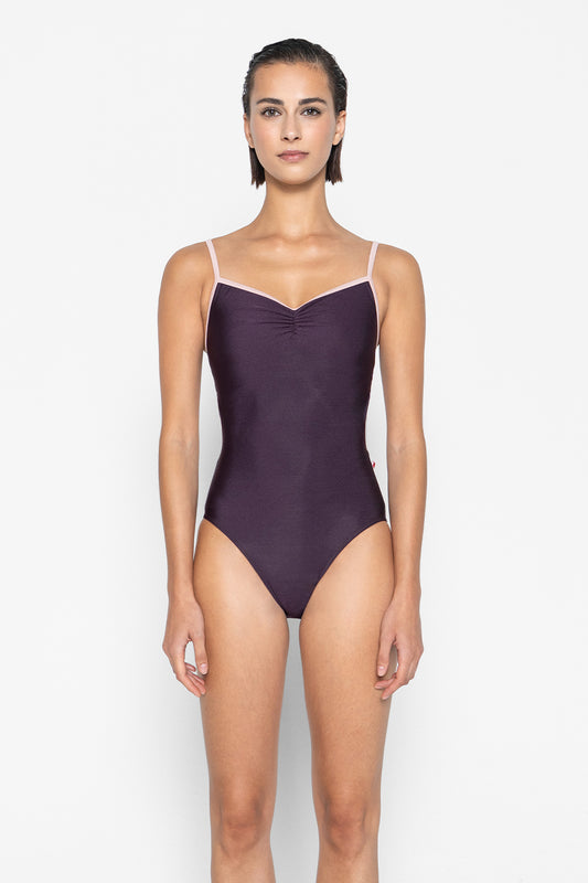 Kiki pinch leotard in N-Eggplant body color with T-Petal trim color