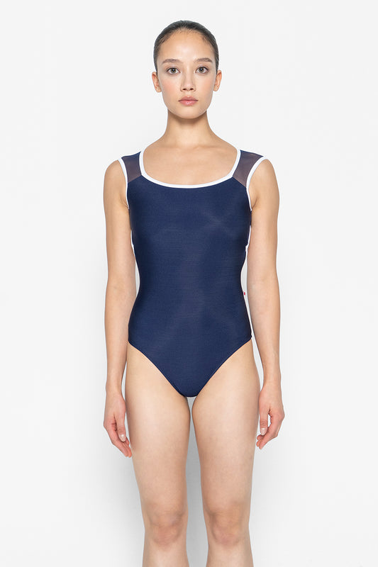 Lauren leotard in N-Dark Blue body color with Mesh Dark Blue top color and T-White trim color