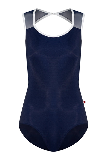 Lauren leotard in N-Dark Blue body color with Mesh Dark Blue top color and T-White trim color