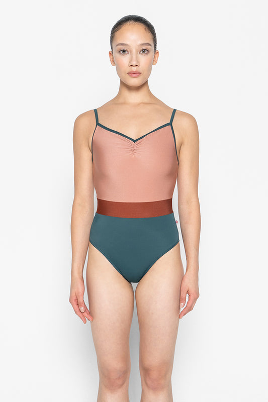 Micah leotard in T-Kale body & trim color with N-Rosewood top color and N-Bronze middle band color