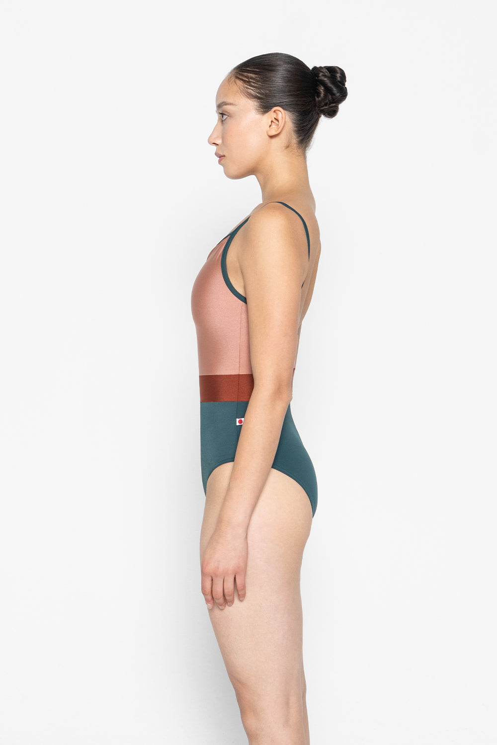 Micah leotard in T-Kale body & trim color with N-Rosewood top color and N-Bronze middle band color
