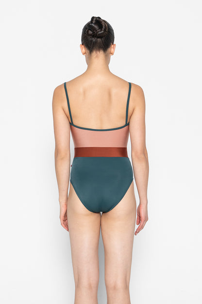 Micah leotard in T-Kale body & trim color with N-Rosewood top color and N-Bronze middle band color