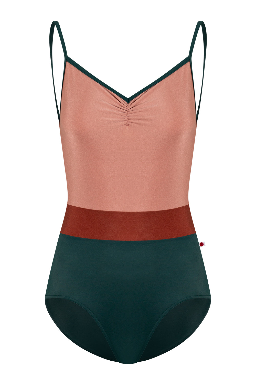 Micah leotard in T-Kale body & trim color with N-Rosewood top color and N-Bronze middle band color