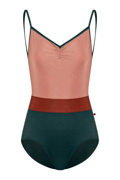 Micah leotard in T-Kale body & trim color with N-Rosewood top color and N-Bronze middle band color