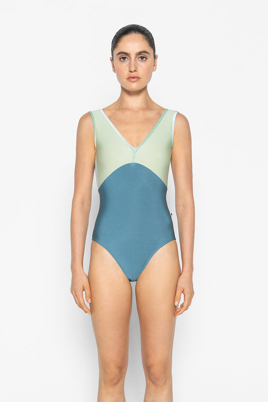 Alicia leotard in N-Frost body color with N-Ginko & Mesh Whisper top color and V-Meadow trim color 
