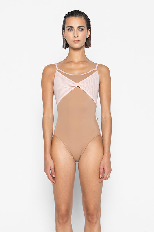 Kathy leotard in T-Sepia body color, T-Petal trim color with Mesh Blush overlay