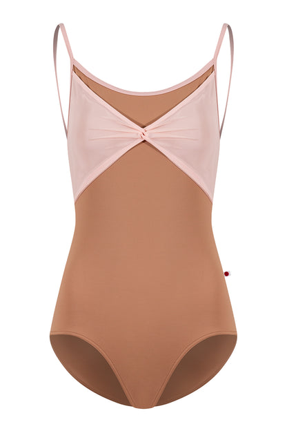 Kathy leotard in T-Sepia body color, T-Petal trim color with Mesh Blush overlay